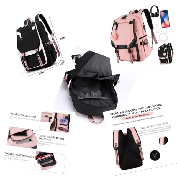 Mochila Escolar/Casual/Viaje Mujer/Hombre - Niña/Niño Azul-Negro-Rosa - Imagen 2
